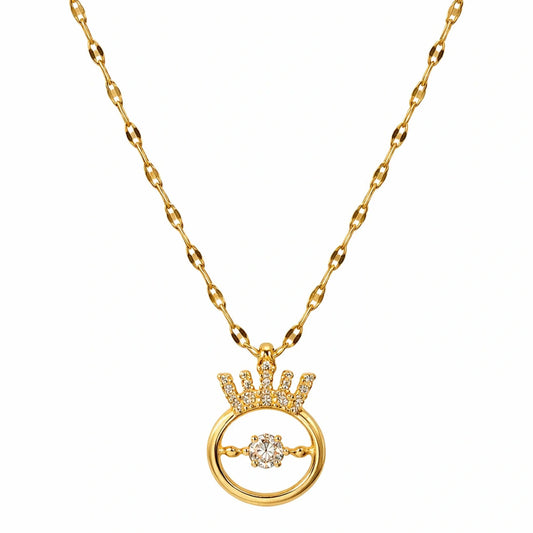 Crown circle pendant necklace in Yubiraa gold tone with central solitaire stone, minimal round design on white background