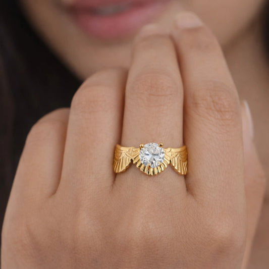 Model wearing Crownglow solitaire adjustable gold ring with crown-inspired design – YUBIRAA