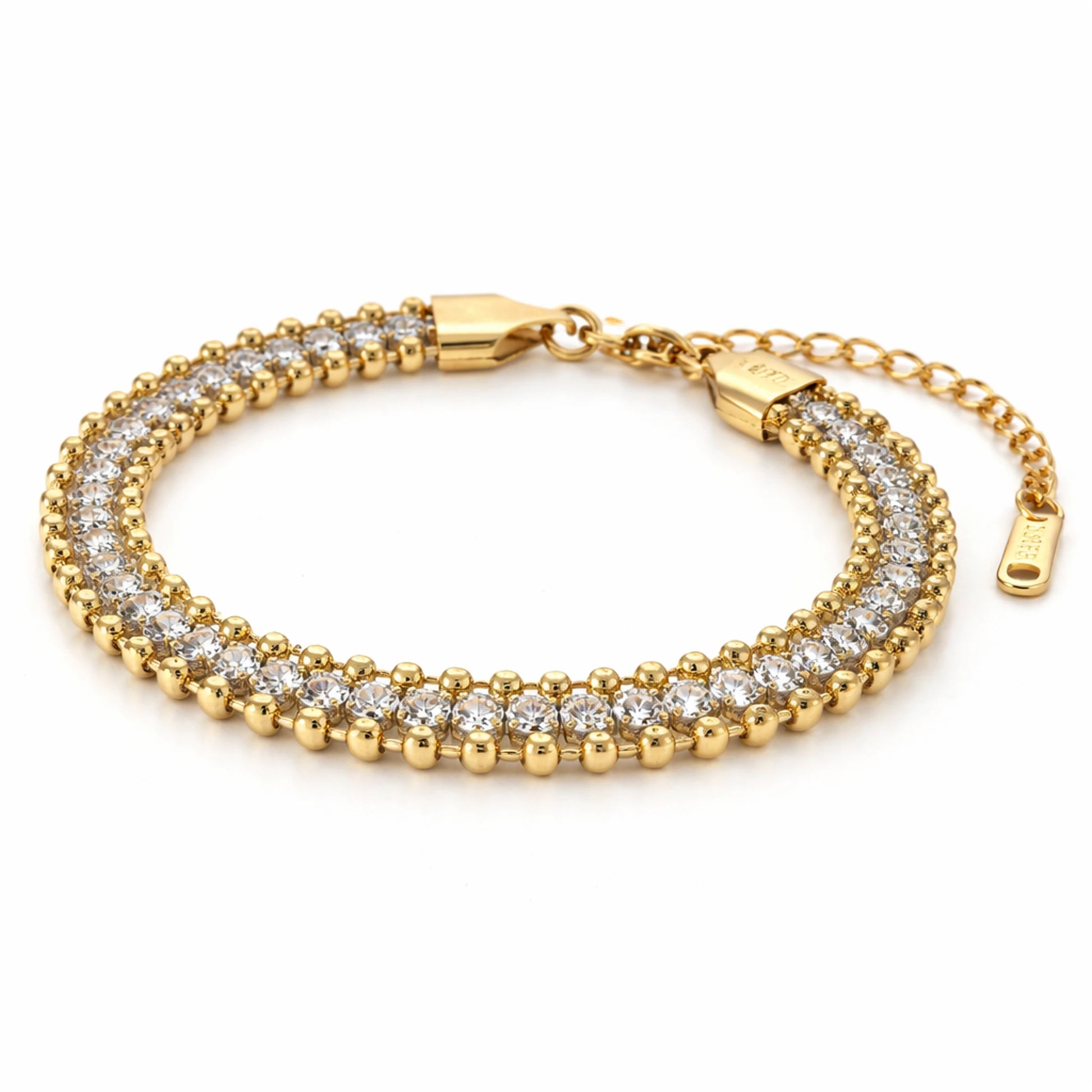 yubiraa anti tarnish Gold bracelet with clear gemstones on a white background