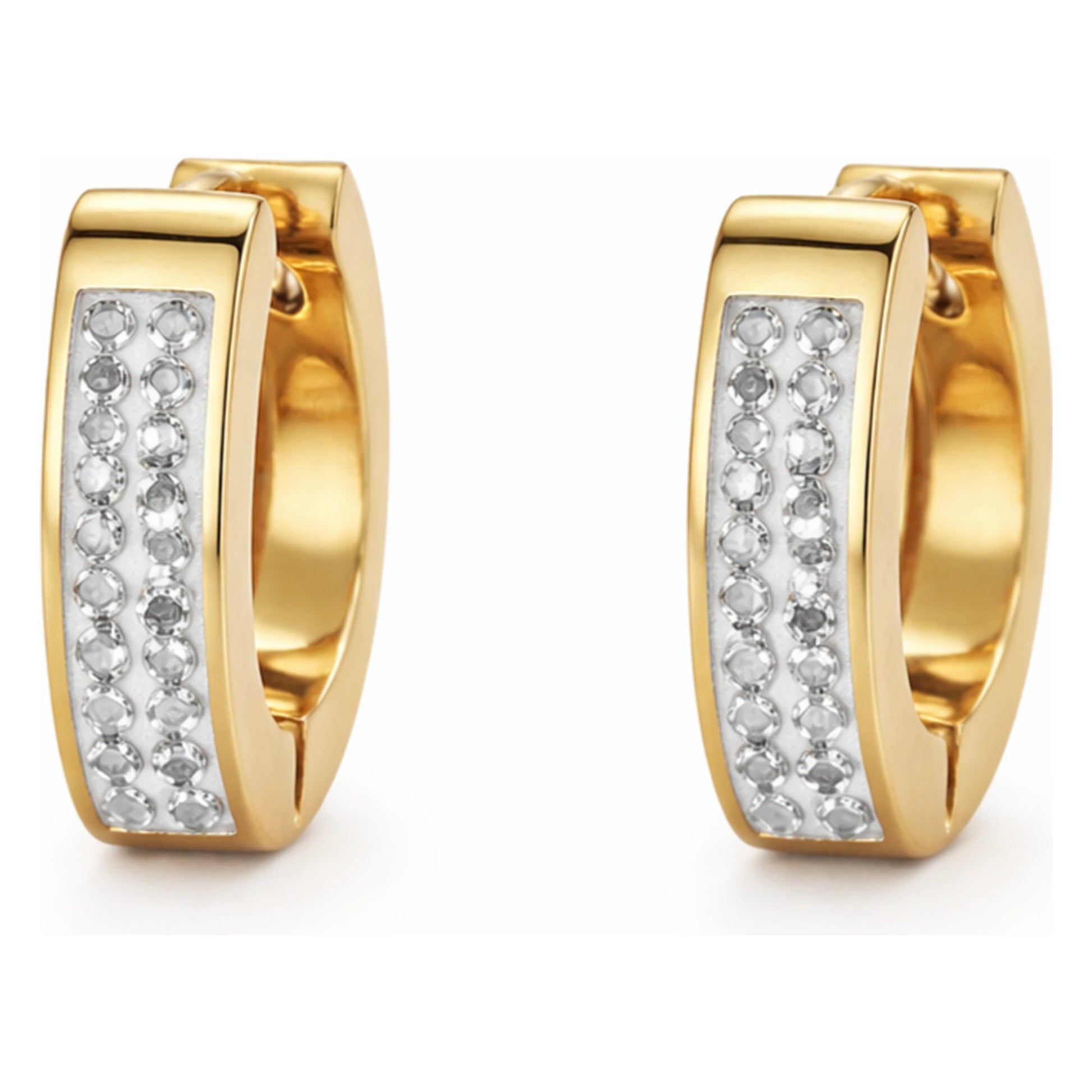 Gold hoop earrings with embedded diamonds on a white background