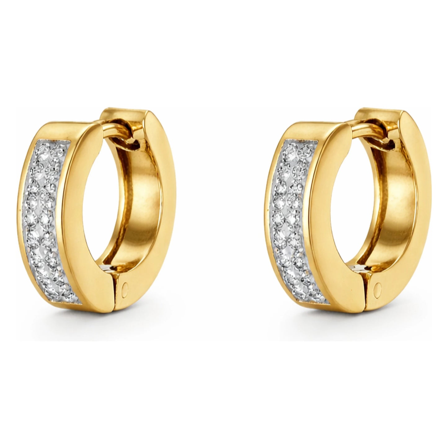Gold hoop earrings with embedded diamonds on a white background