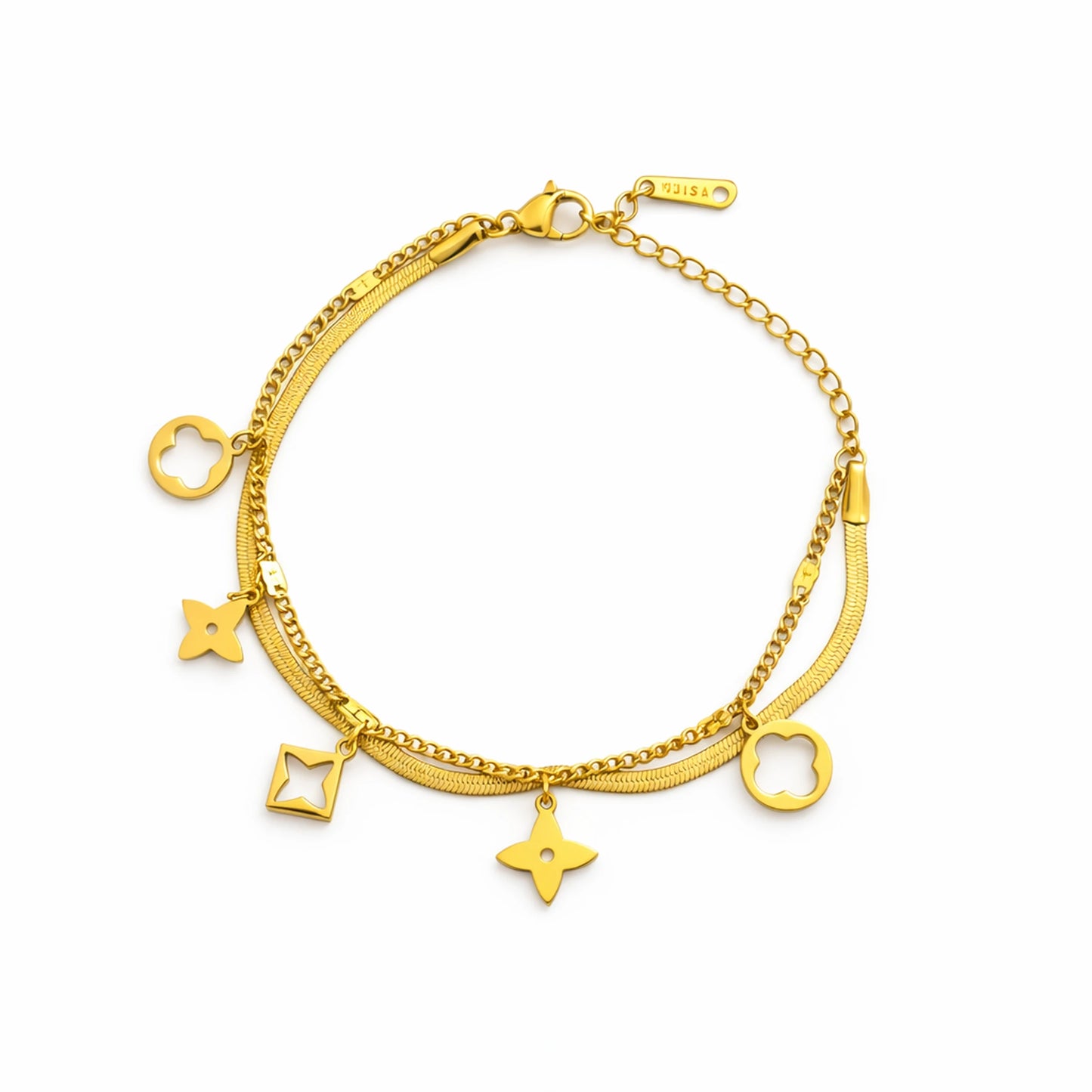 YUBIRAA Daily Glow Charm Bracelet with layered gold chains and clover charms on white background