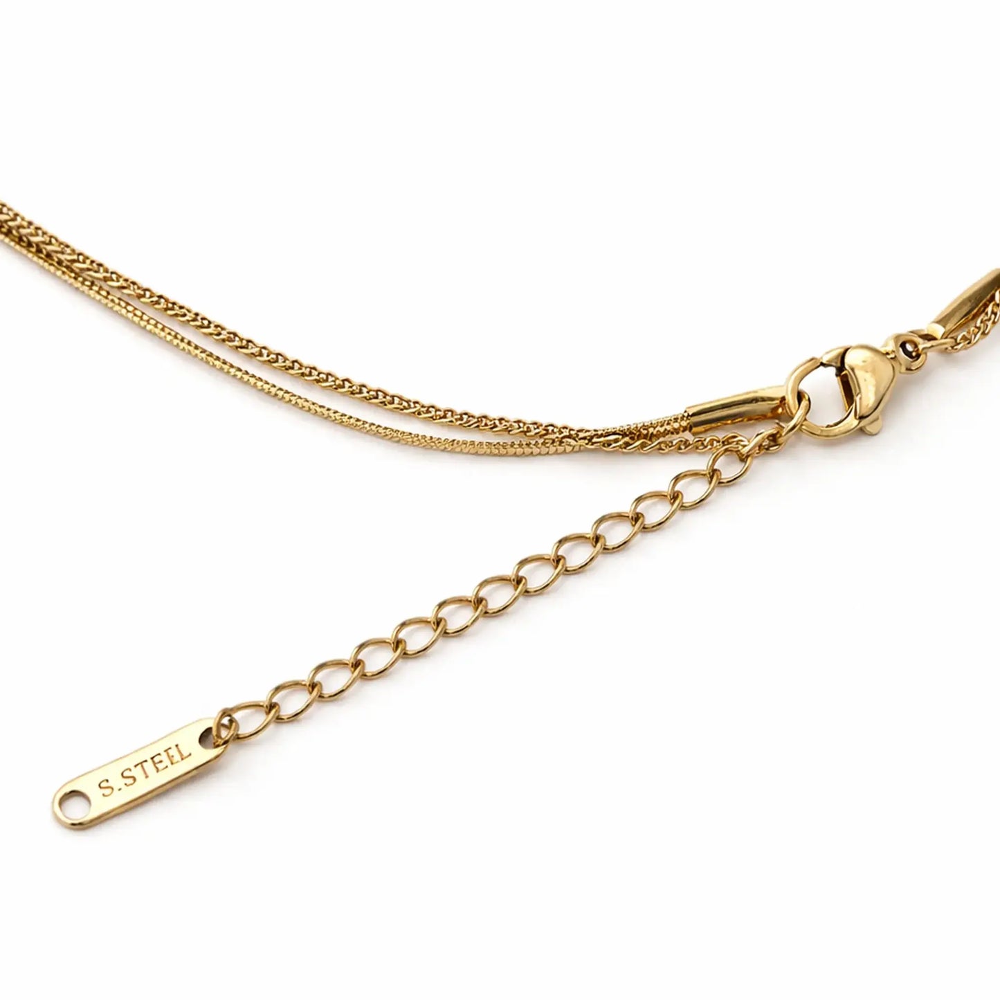Gold chain necklace with a clasp on a white background