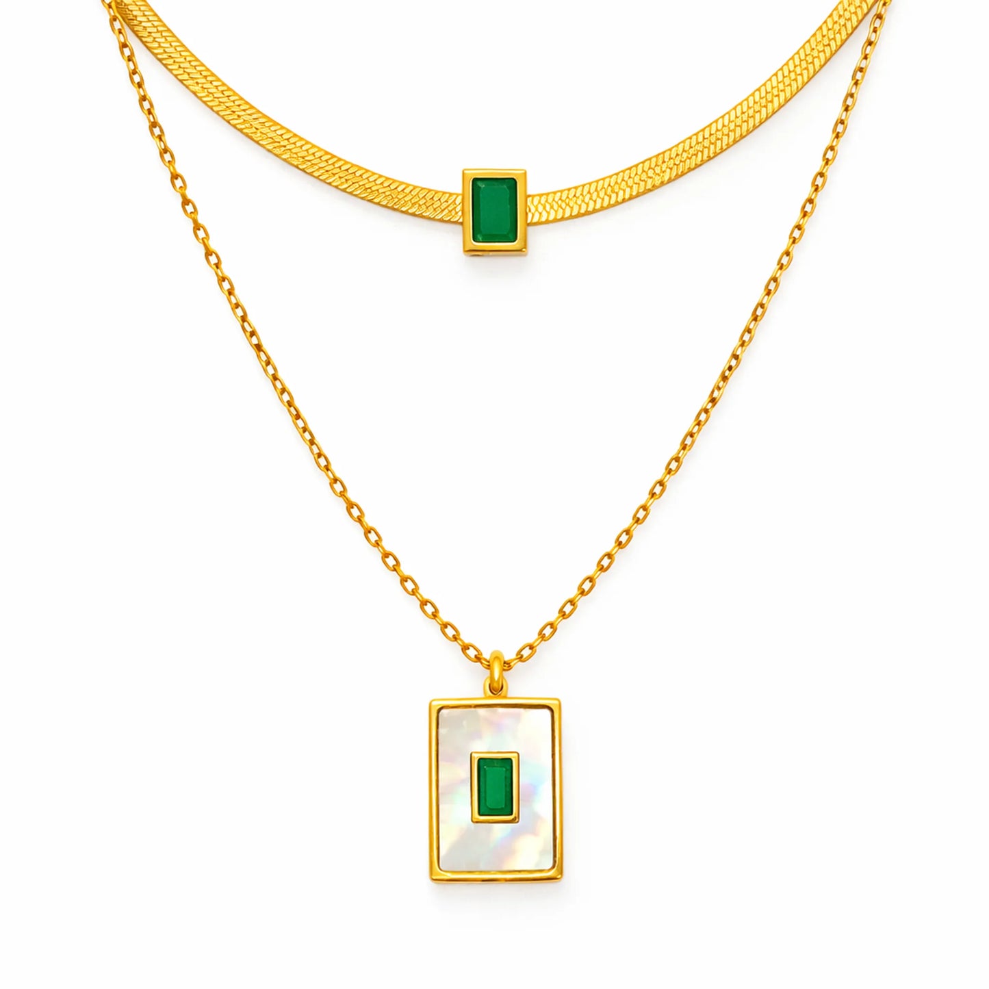 Gold plated layered necklace with rectangular pearl pendant and green stone accent