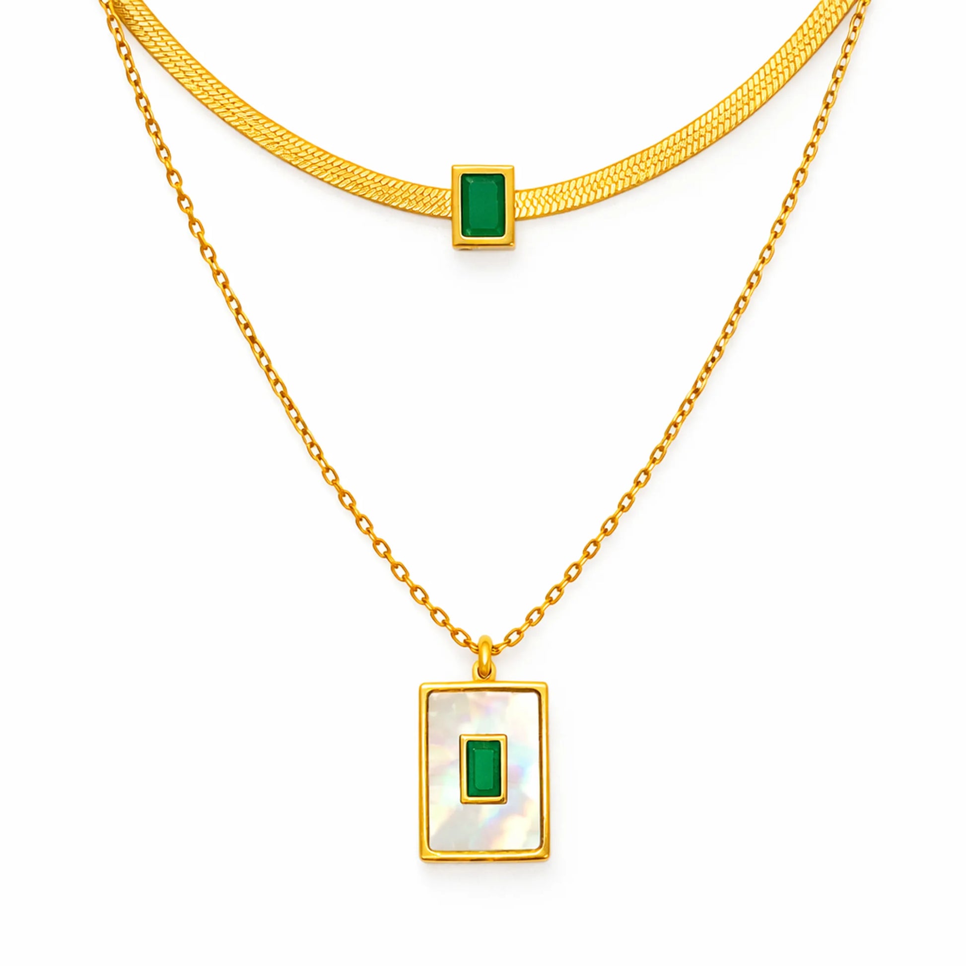 Gold plated layered necklace with rectangular pearl pendant and green stone accent