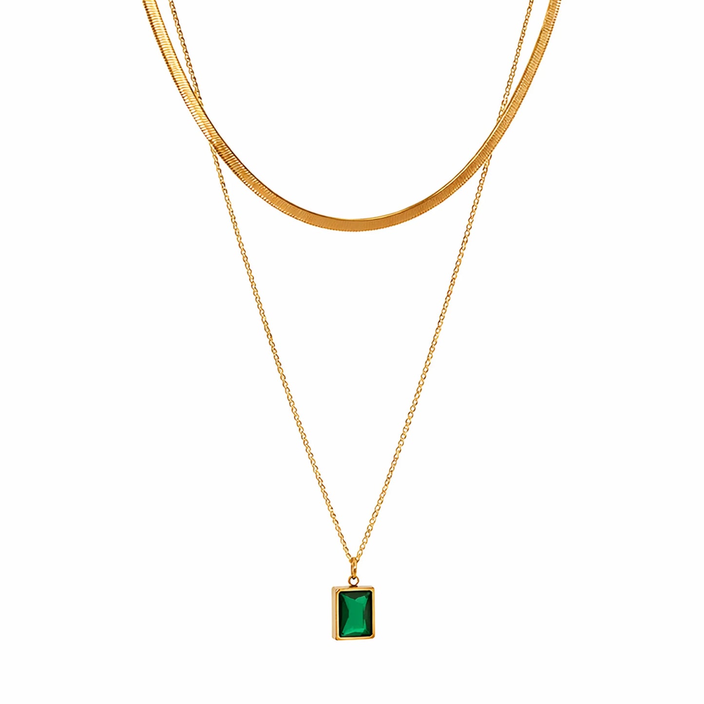 Double layer gold-plated necklace with snake chain and sleek chain featuring a green emerald-cut pendant, anti-tarnish everyday jewellery