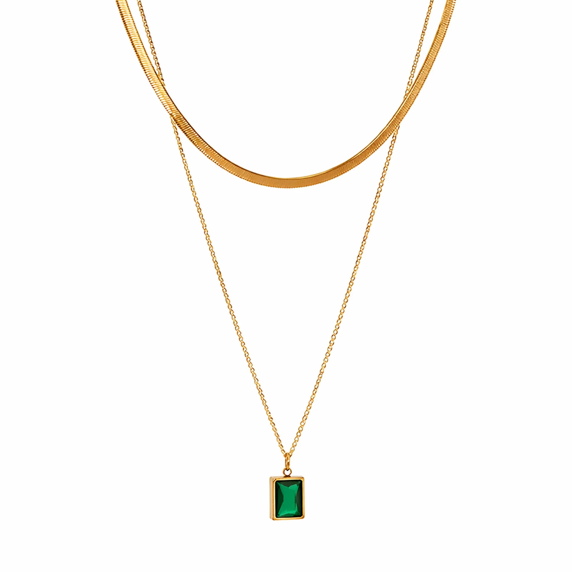 Double layer gold-plated necklace with snake chain and sleek chain featuring a green emerald-cut pendant, anti-tarnish everyday jewellery