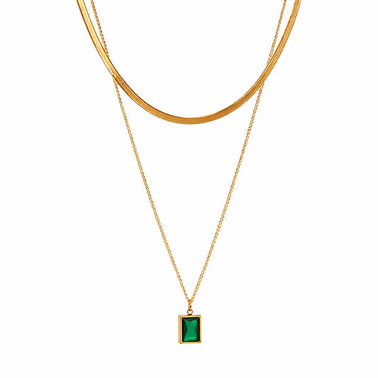 Double layer gold-plated necklace with snake chain and sleek chain featuring a green emerald-cut pendant, anti-tarnish everyday jewellery