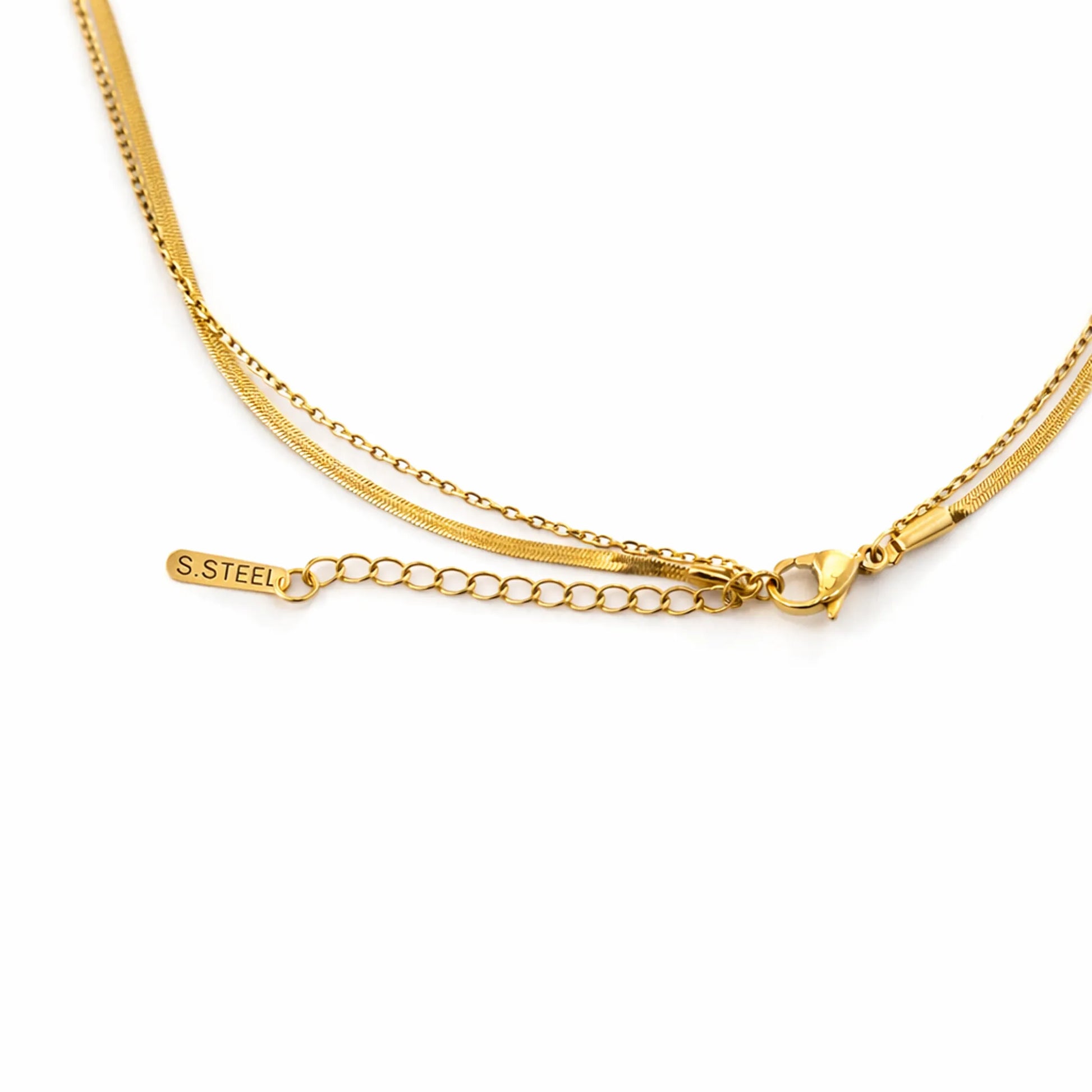 YUBIRAA double layered gold necklace clasp with extension chain, anti tarnish stainless steel jewellery detail