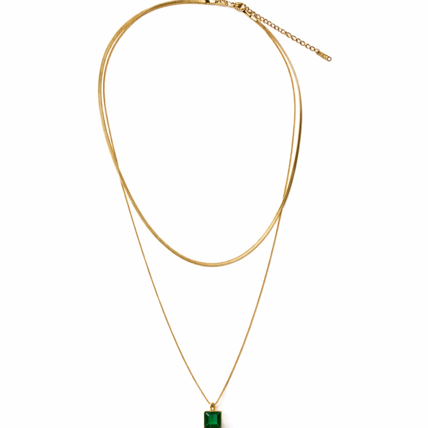 YUBIRAA emerald double layered necklace flatlay on white background, minimal anti tarnish gold jewellery for women