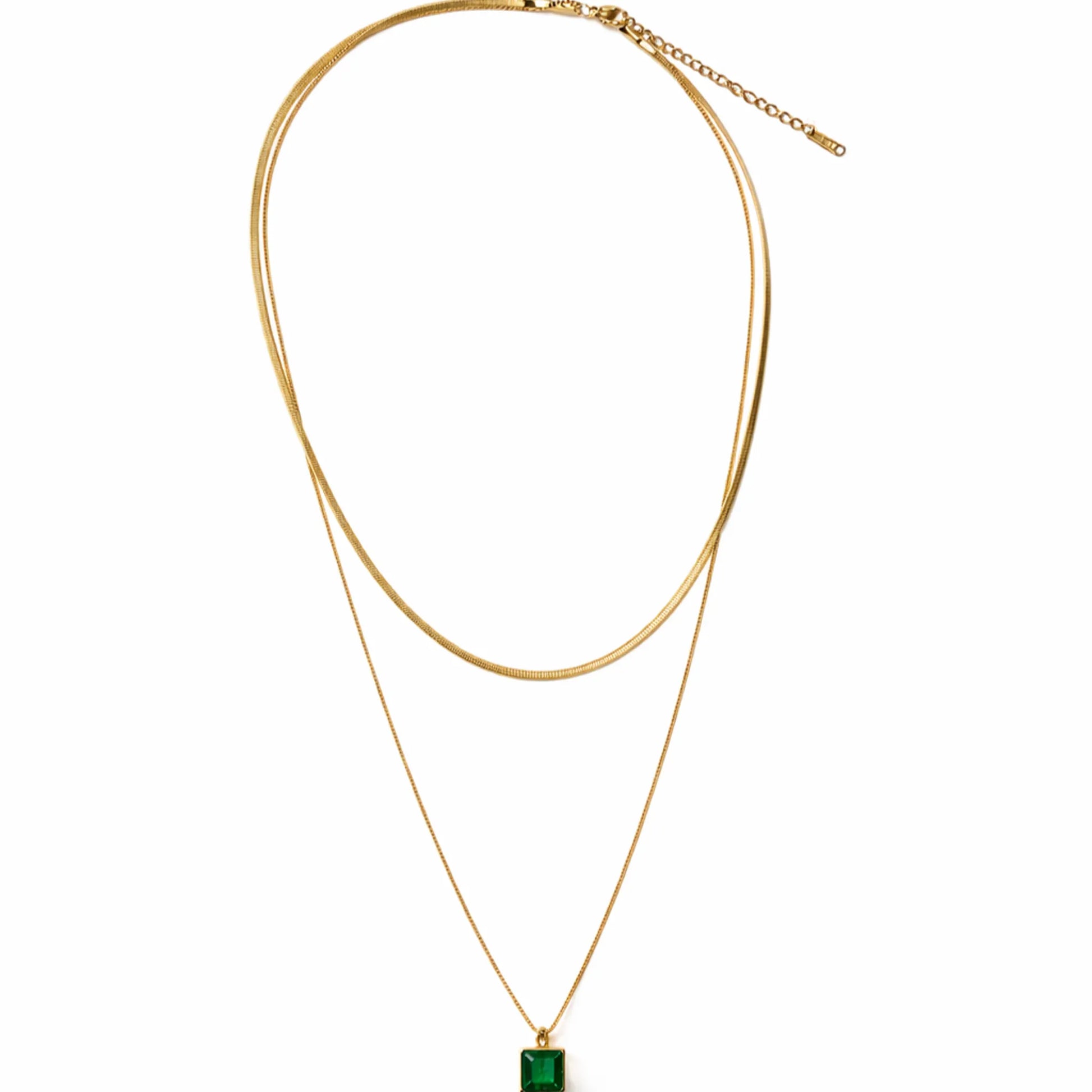 YUBIRAA emerald double layered necklace flatlay on white background, minimal anti tarnish gold jewellery for women
