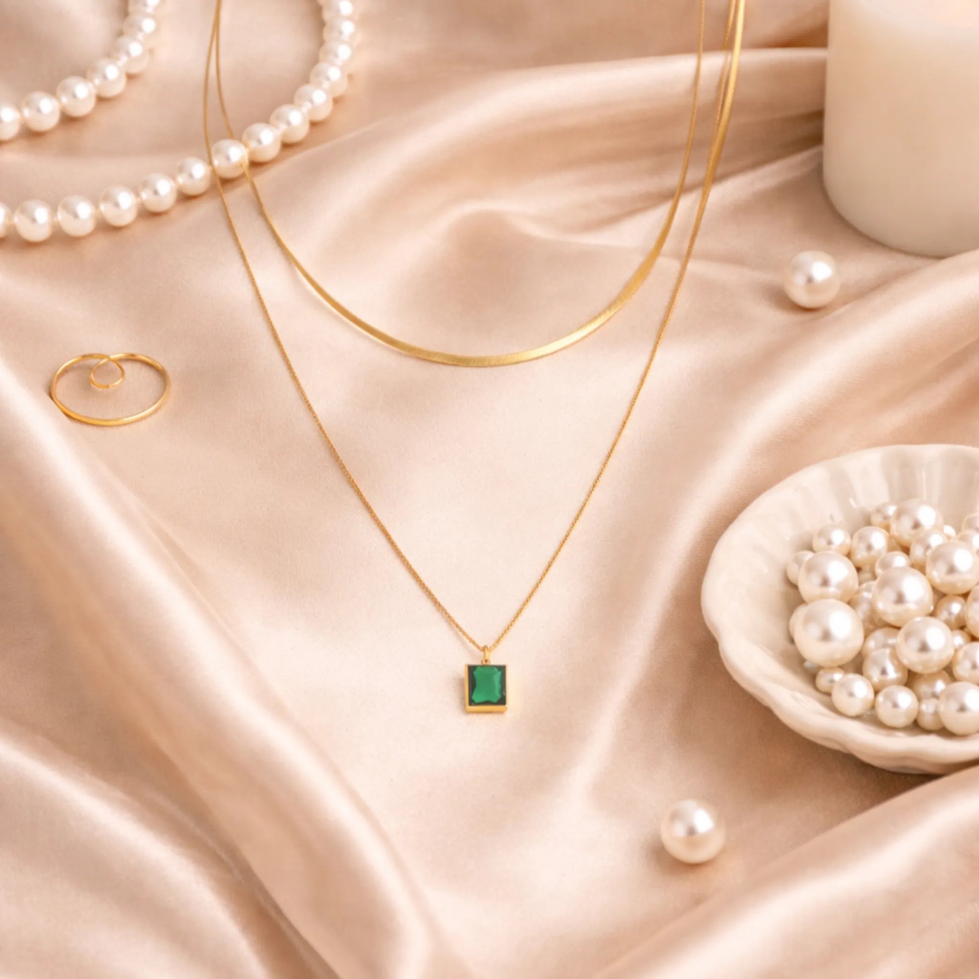 YUBIRAA emerald double layered necklace styled on satin fabric with pearls, luxury anti tarnish jewellery