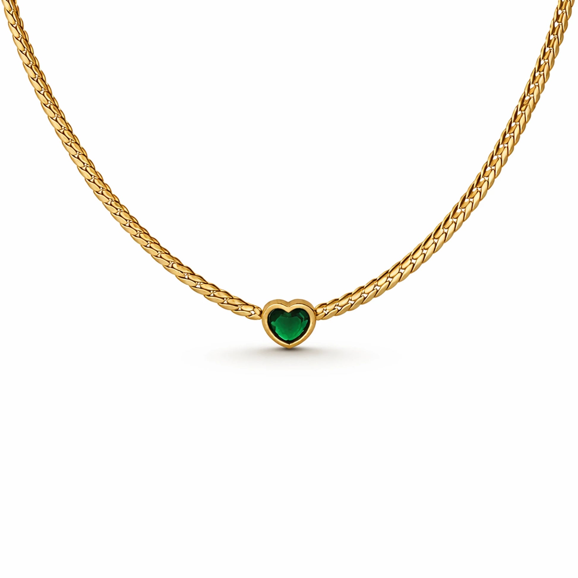 Gold necklace with a heart-shaped green gemstone on a white background