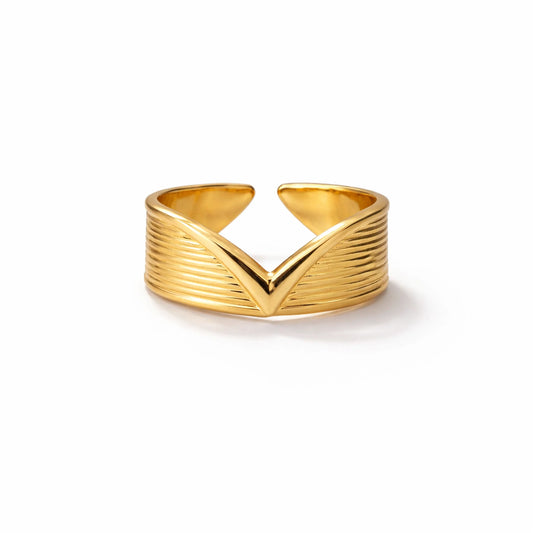 Gold ring with a V-shaped design on a white background