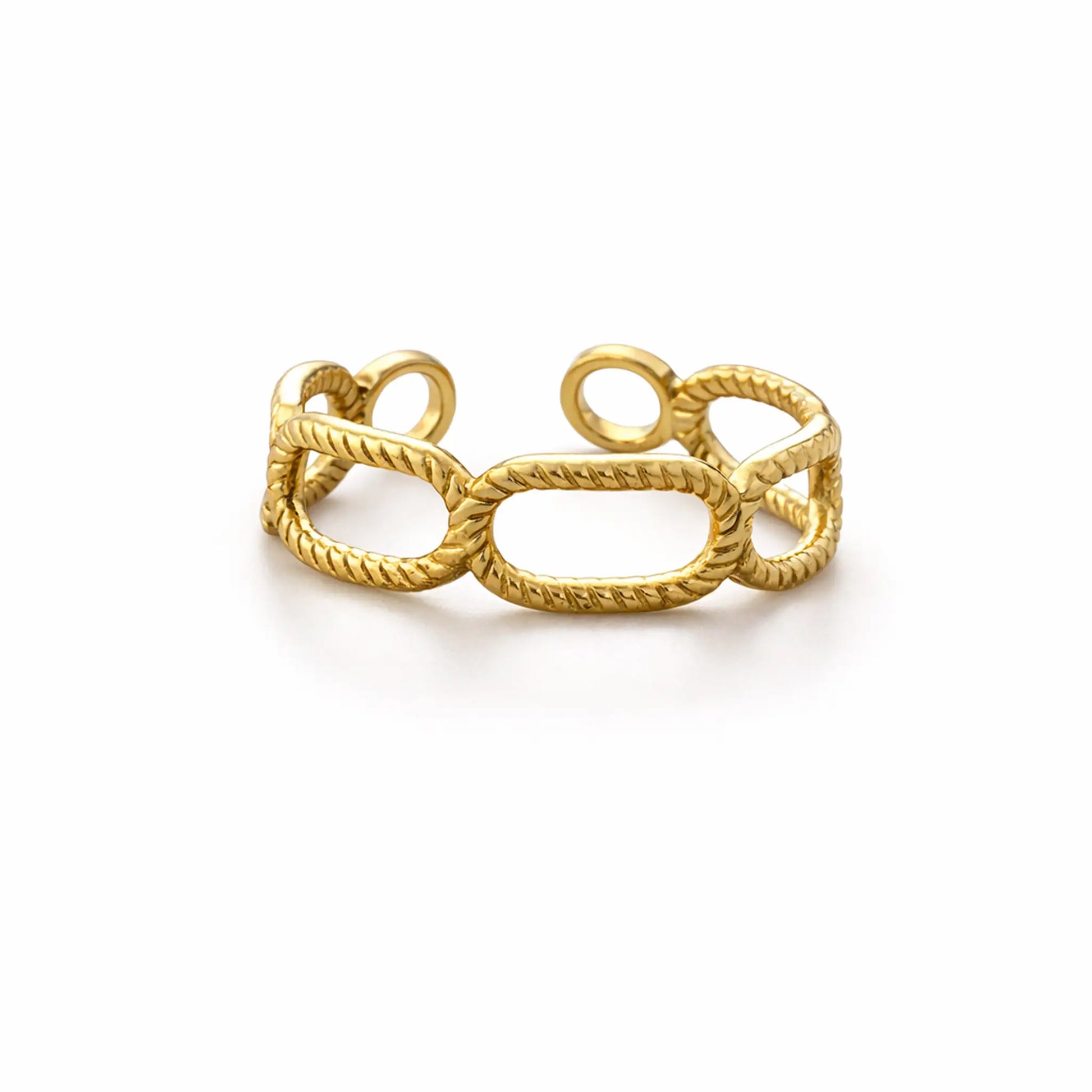YUBIRAA Eterna link adjustable ring in 18k gold plated anti-tarnish finish with textured oval chain design
