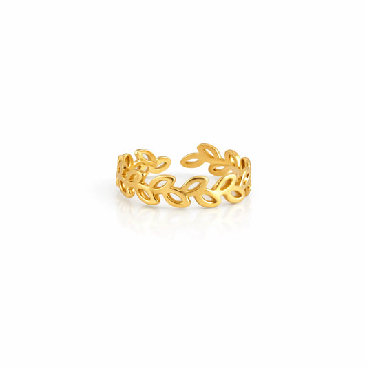 Anti-tarnish gold leaf loop ring with elegant open leaf motif, modern adjustable design