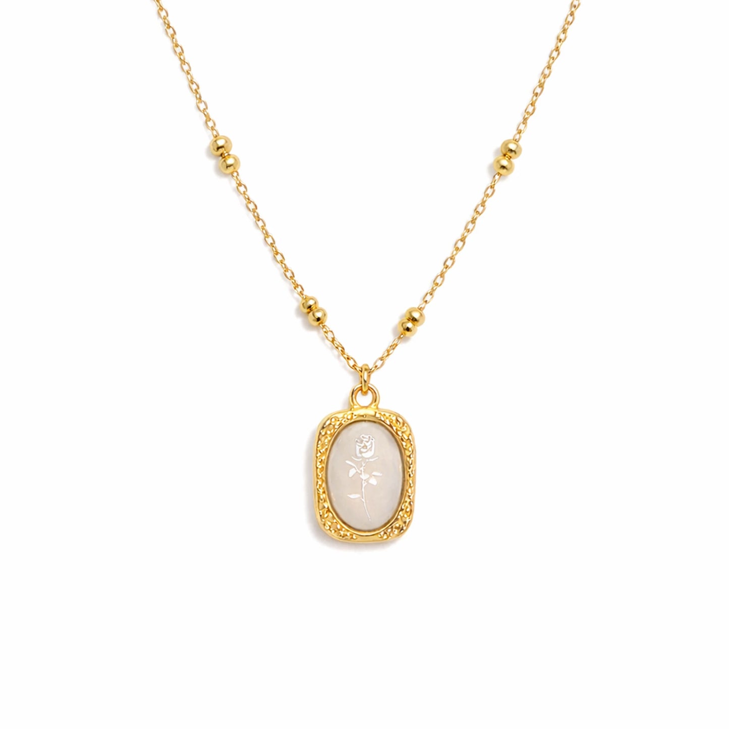 Gold plated rose pendant necklace with delicate bead chain detailing and anti tarnish finish