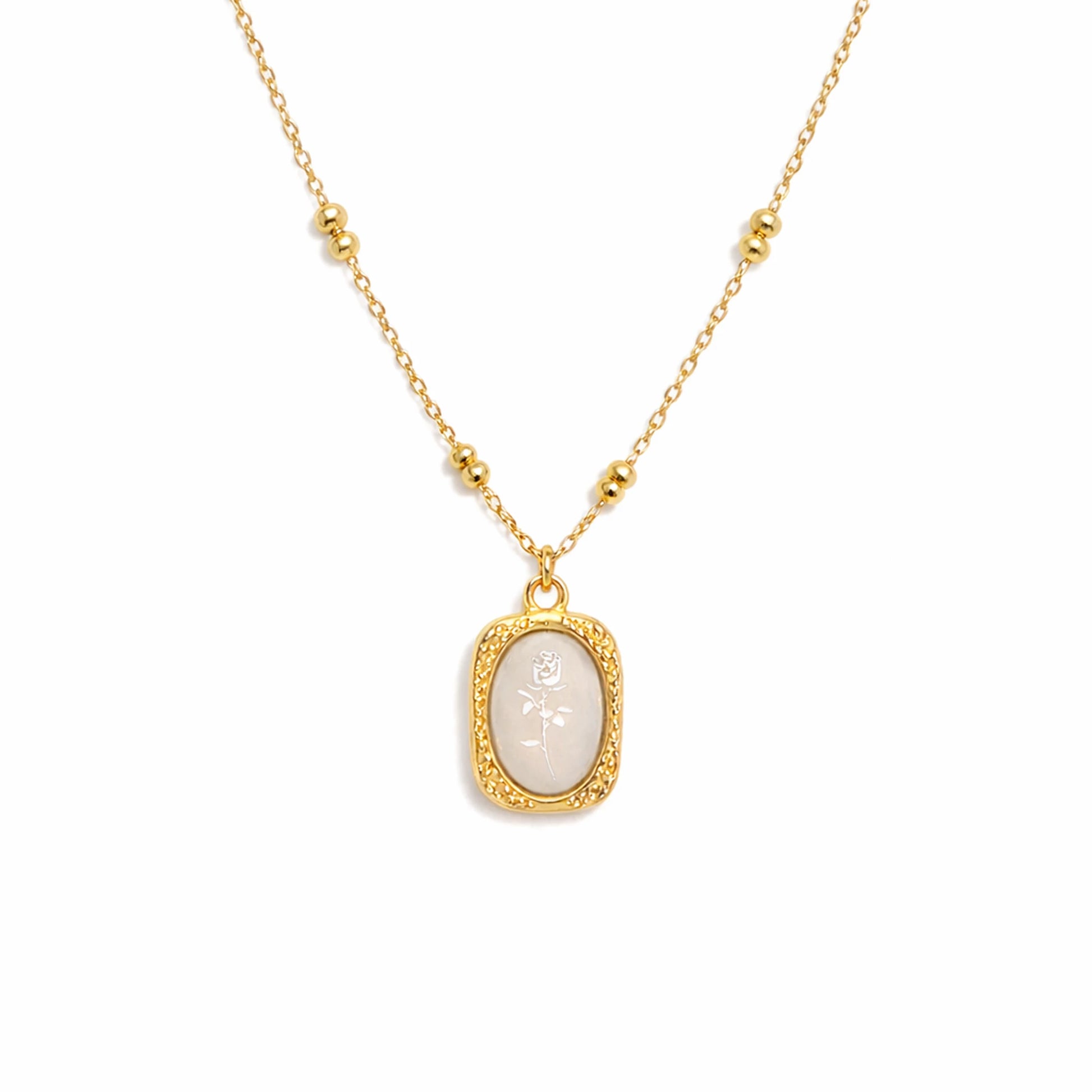 Gold plated rose pendant necklace with delicate bead chain detailing and anti tarnish finish