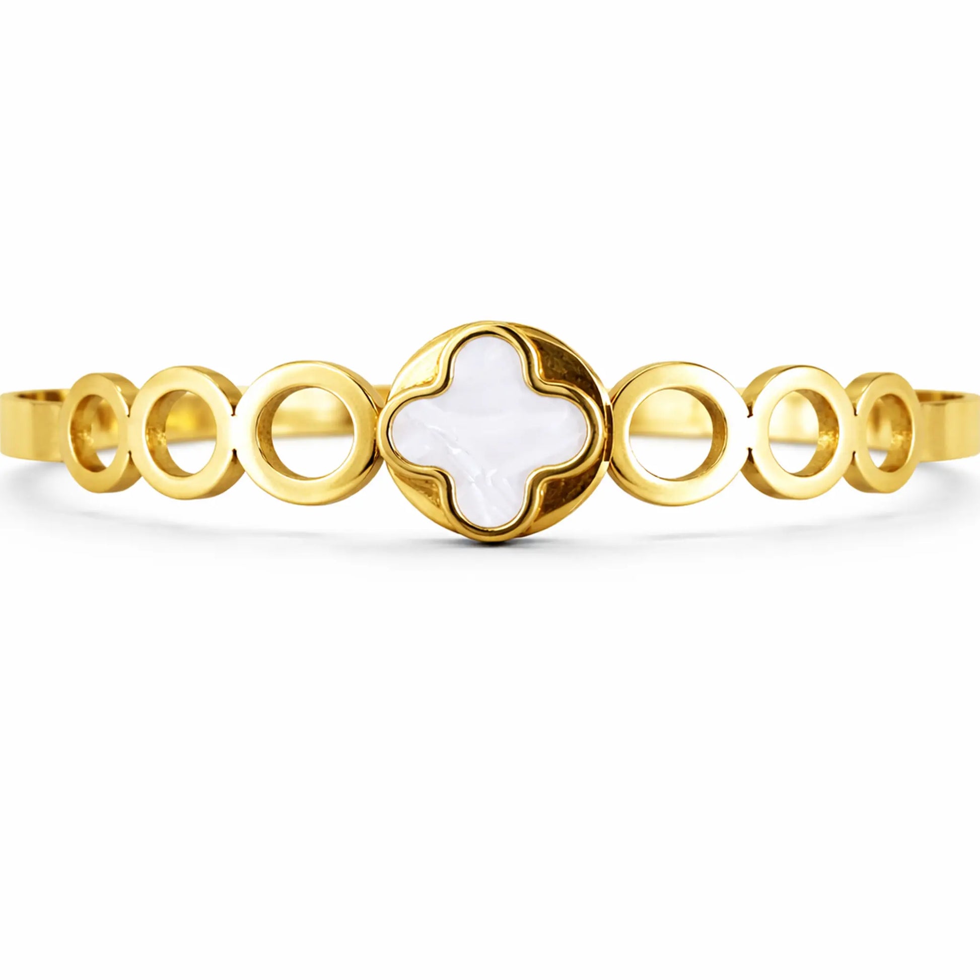 Close-up of white clover motif on YUBIRAA Everyday Clover Gold Bracelet with polished gold finish