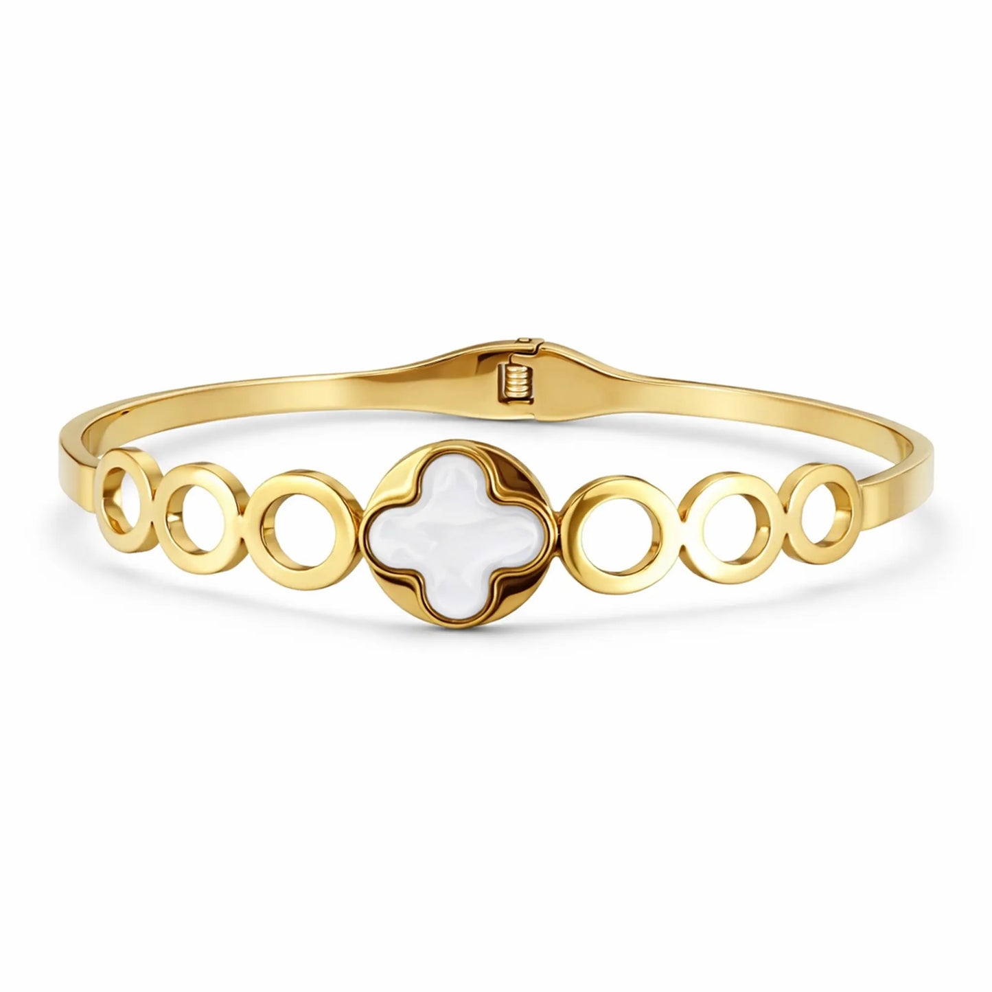 Gold bracelet with a central white stone on a white background. YUBIRAA Everyday Clover Gold Bracelet with white clover centerpiece and circular link design on white background