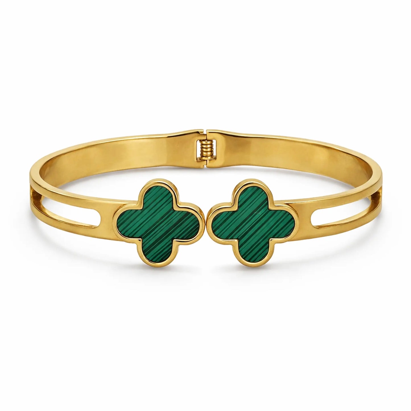 Yubiraa Gold plated bracelet with green clover-shaped charms on a white background