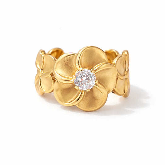 YUBIRAA Flora Spark solitaire ring front view featuring layered floral petals in 18k gold plated anti-tarnish finish with a central round crystal stone