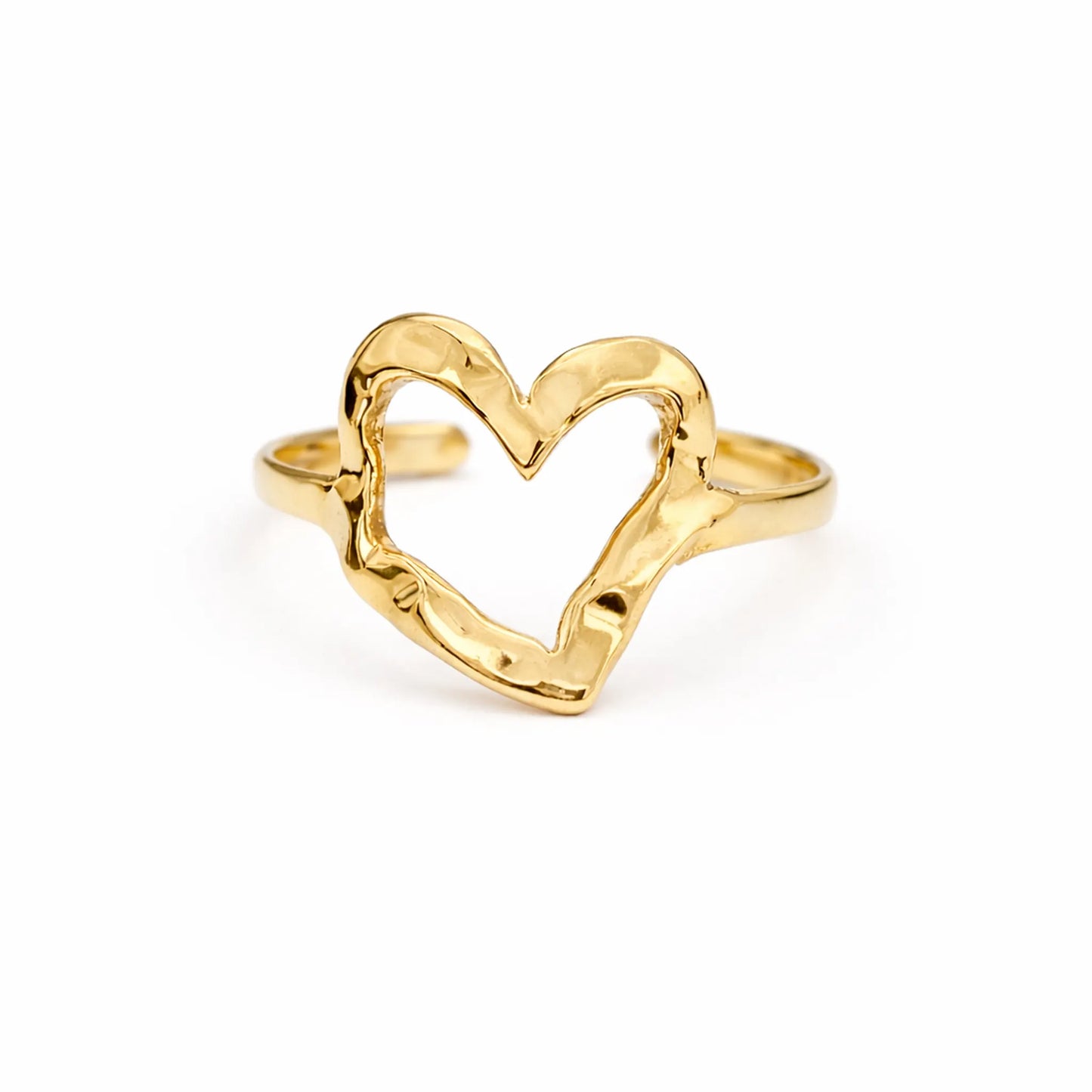 Yubiraa open heart gold ring with organic handcrafted finish, adjustable minimalist heart ring on white background