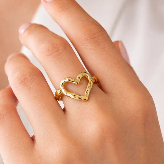 Model wearing Yubiraa open heart gold ring with handcrafted texture, adjustable anti tarnish everyday jewellery