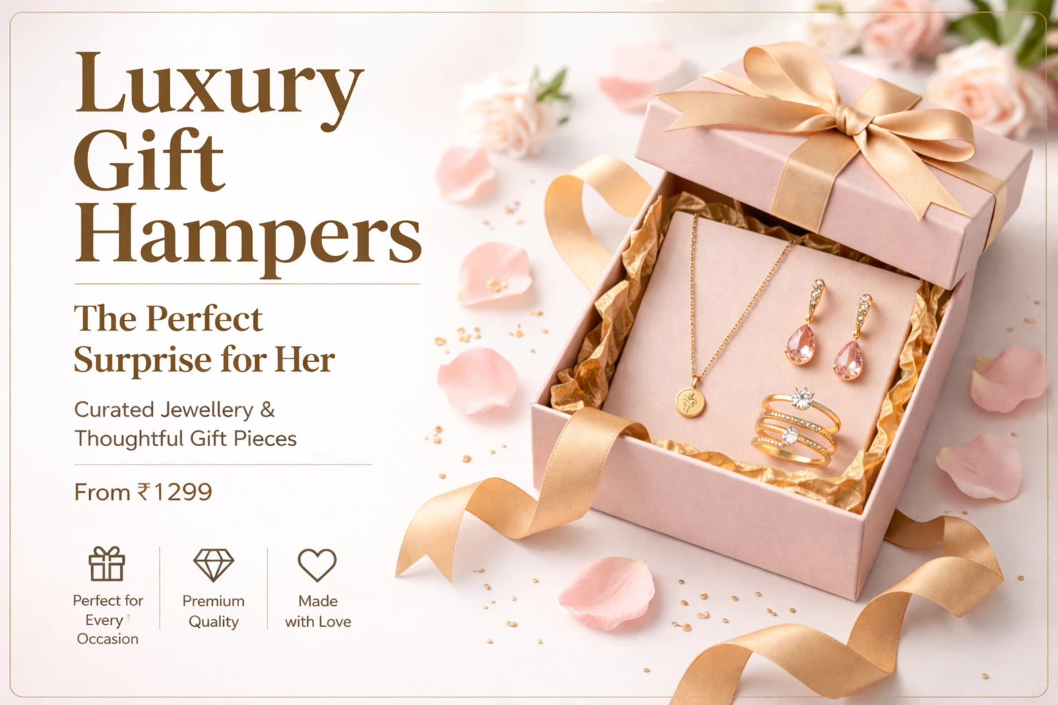yubiraa Luxury gift hamper box with jewelry set on a decorative background and starting price Rs.1299/-