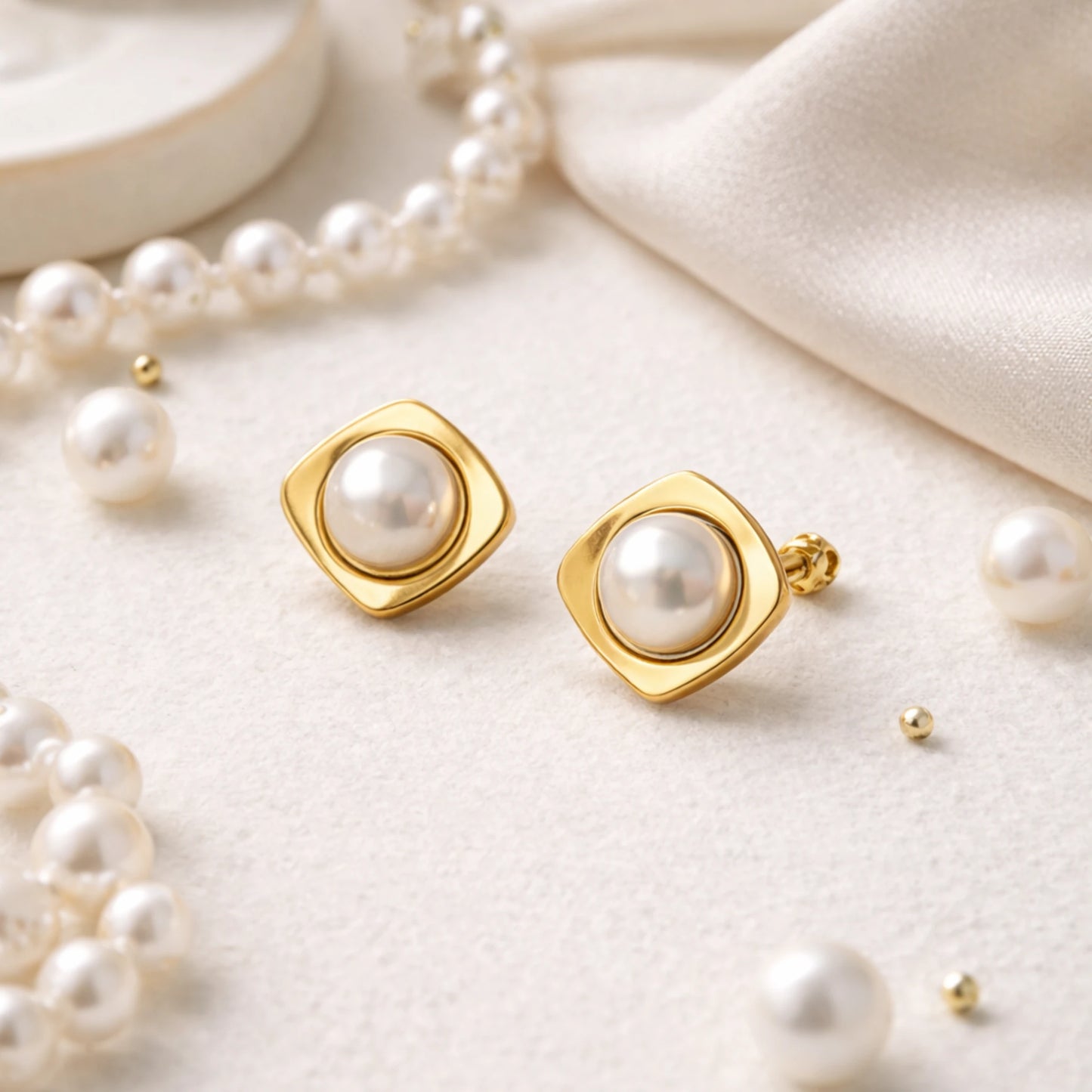 Gold earrings with pearls on a soft beige background