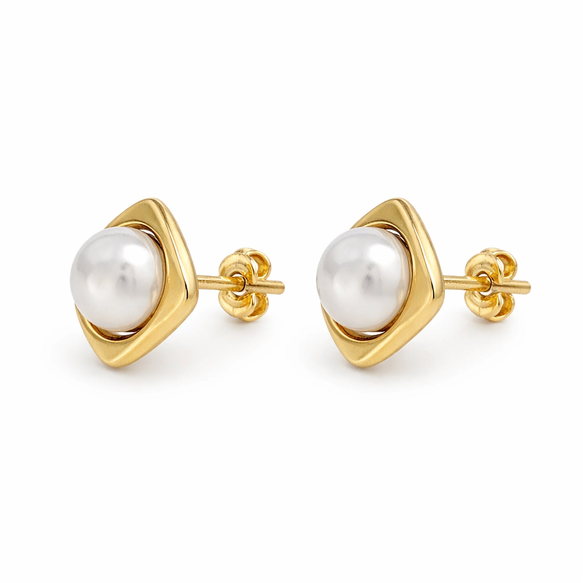 Gold earrings with pearl studs on a white background