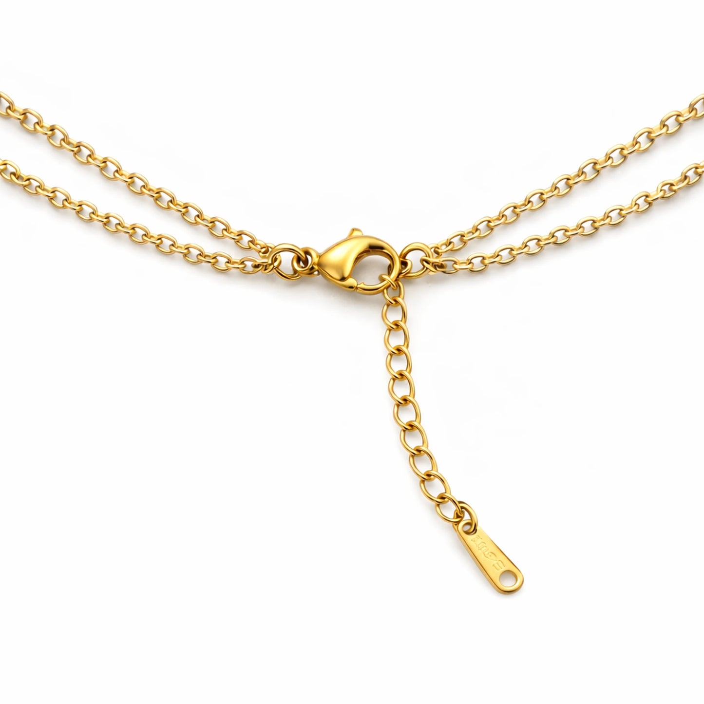 Close up of anti tarnish gold layered butterfly necklace lobster clasp with adjustable extension chain