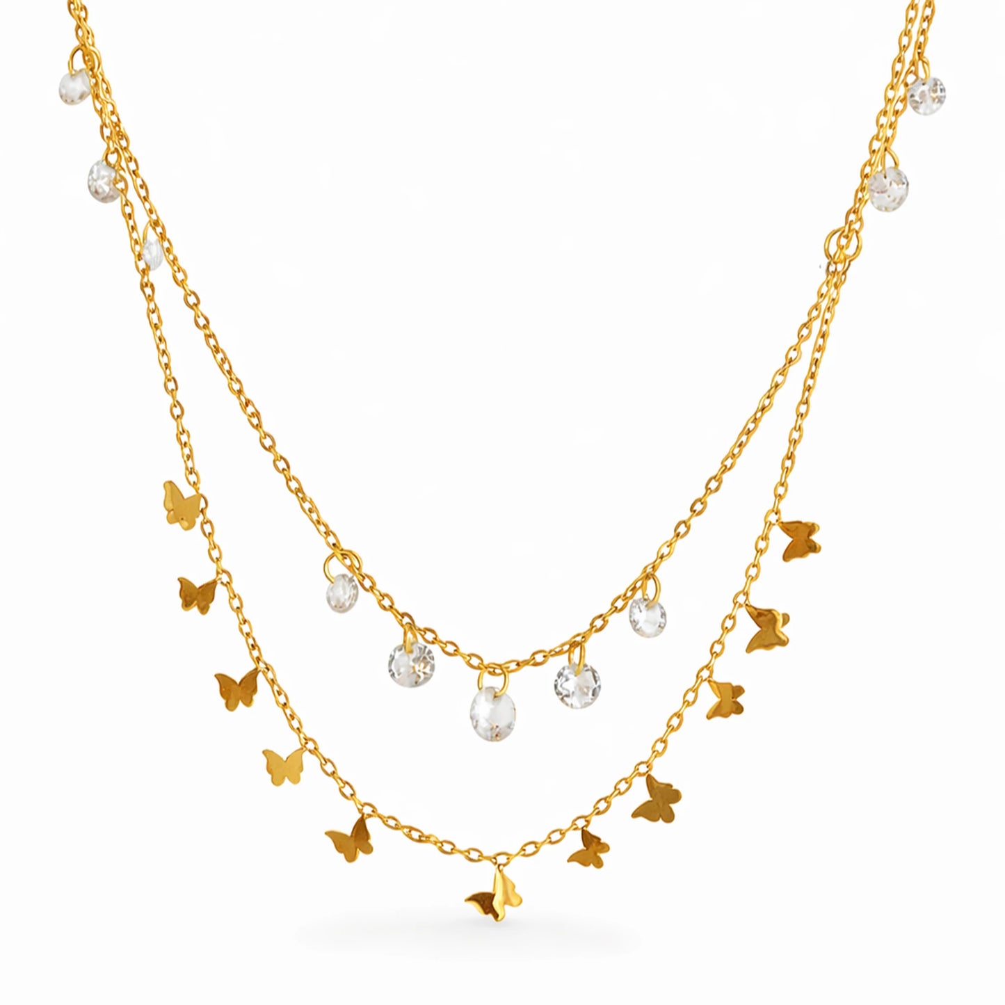 Anti tarnish gold butterfly layered necklace with sparkling crystal drops on white background