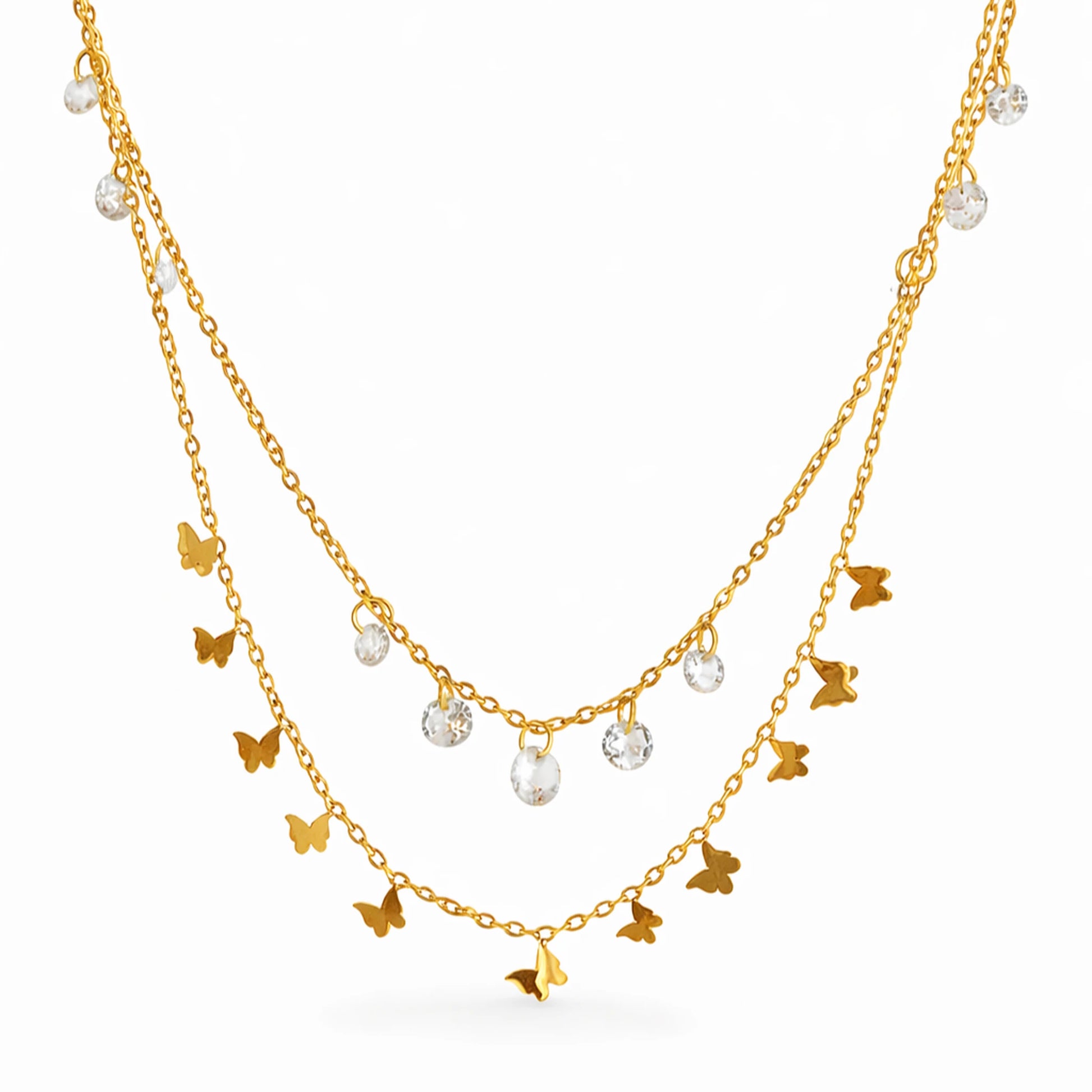 Anti tarnish gold butterfly layered necklace with sparkling crystal drops on white background