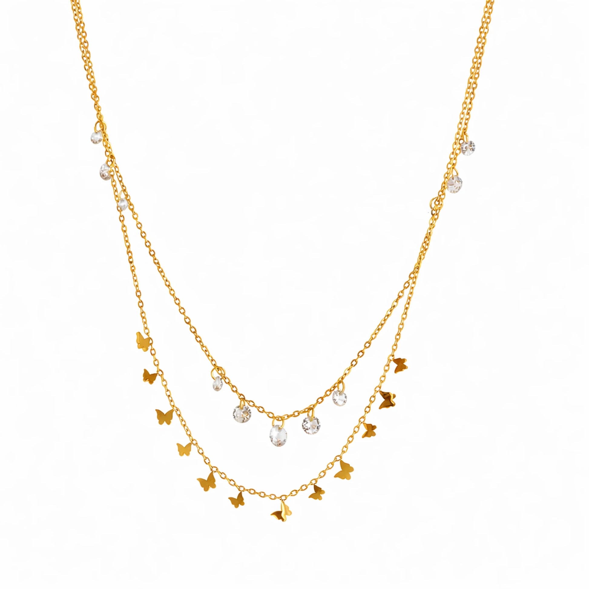 Butterfly Spark layered gold necklace with crystal drop charms and delicate butterfly pendants