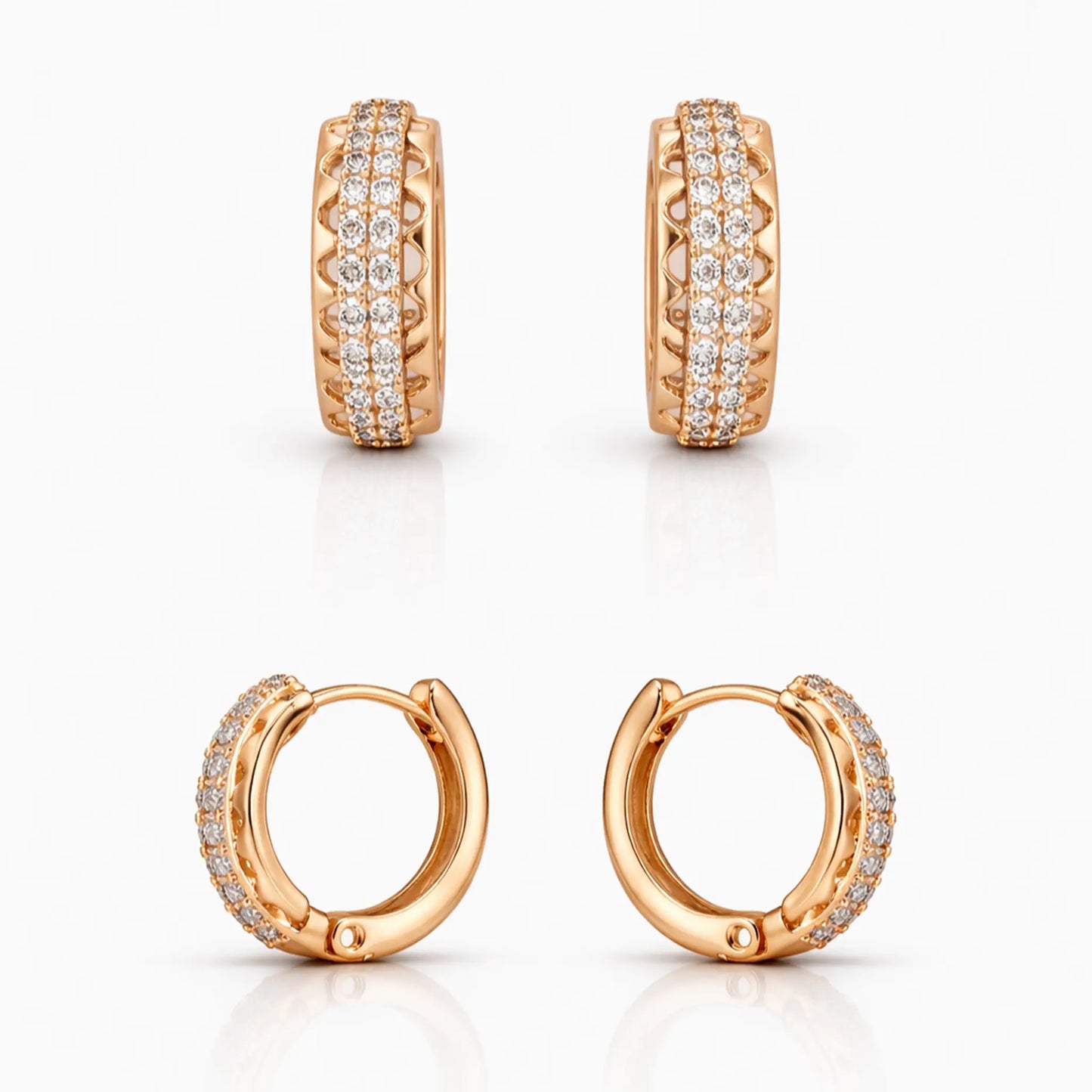 Anti-tarnish gold plated pavé hoop earrings showing front and back views with secure clasp and cubic zirconia detailing