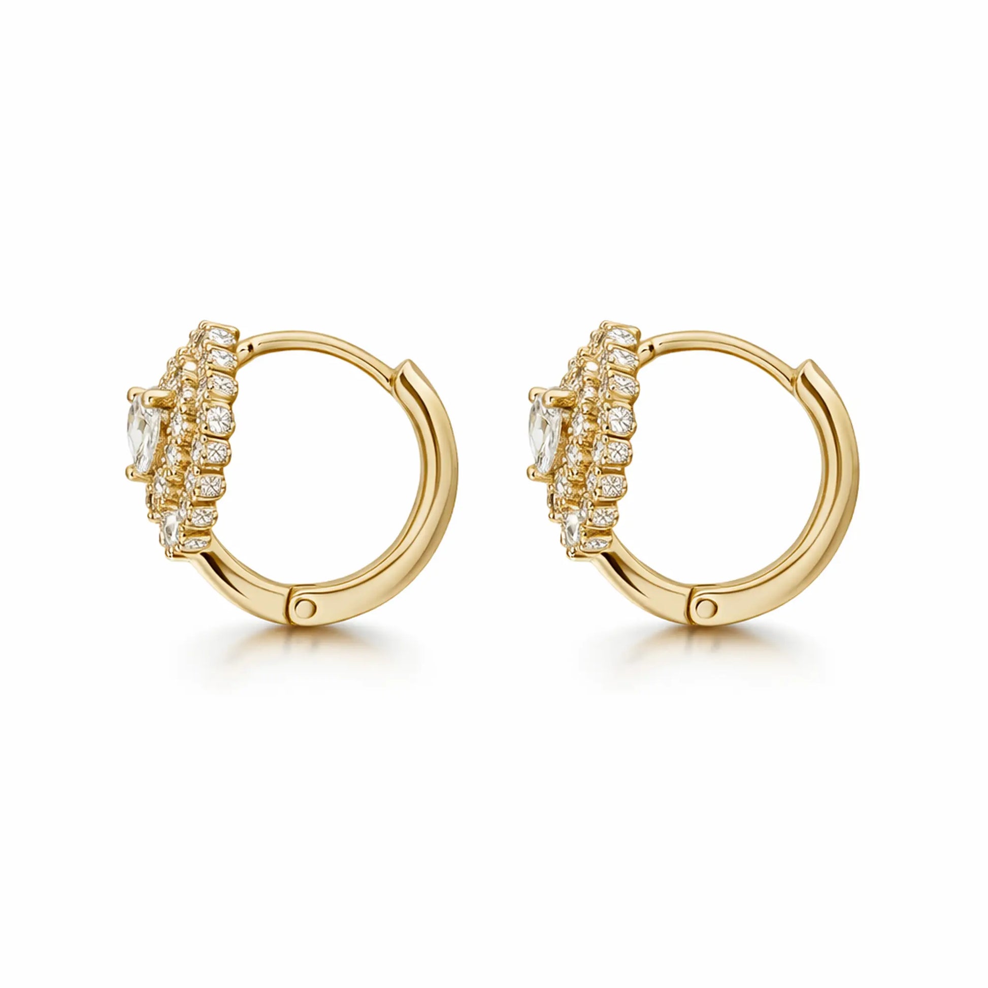 Side and back view of anti tarnish gold polish heart crystal hoop earrings showing lever back closure