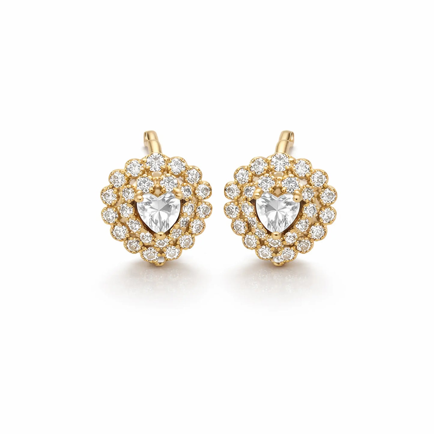 Anti tarnish gold polish heart crystal hoop earrings with sparkling stone detailing front view