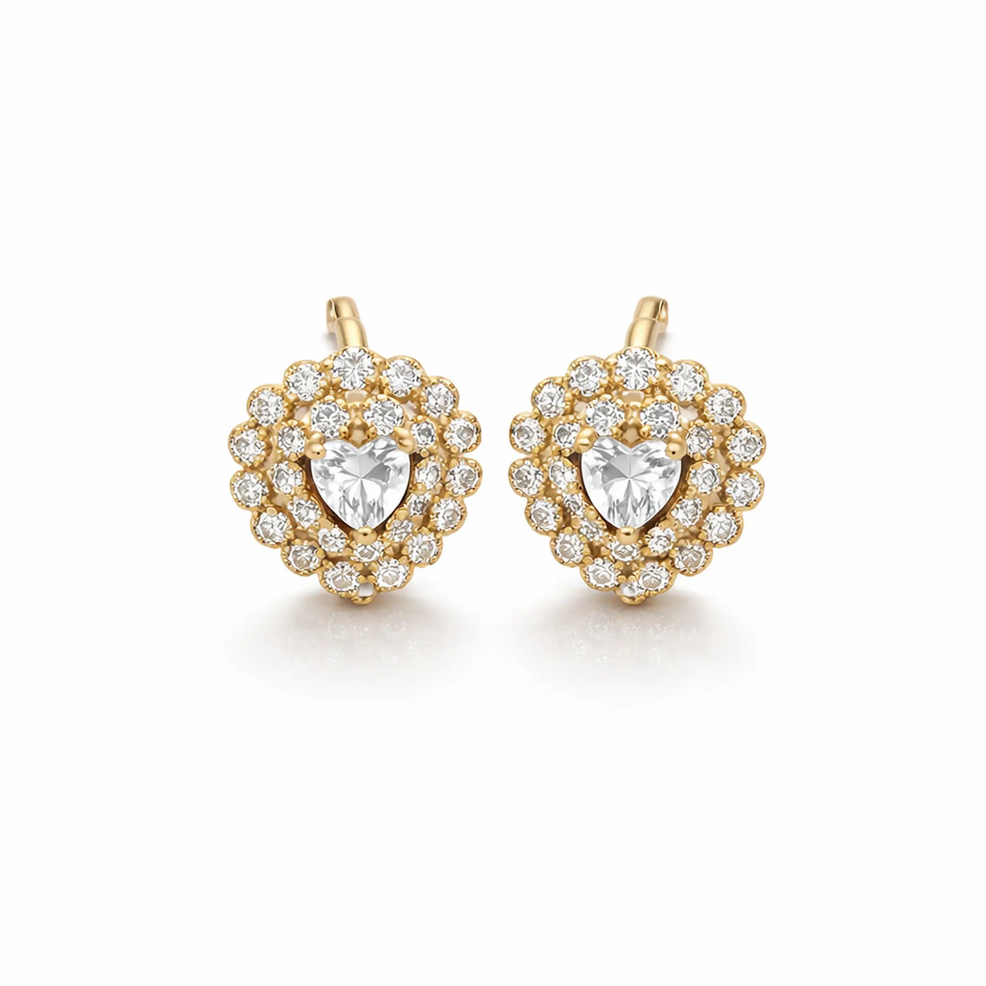 Anti tarnish gold polish heart crystal hoop earrings with sparkling stone detailing front view