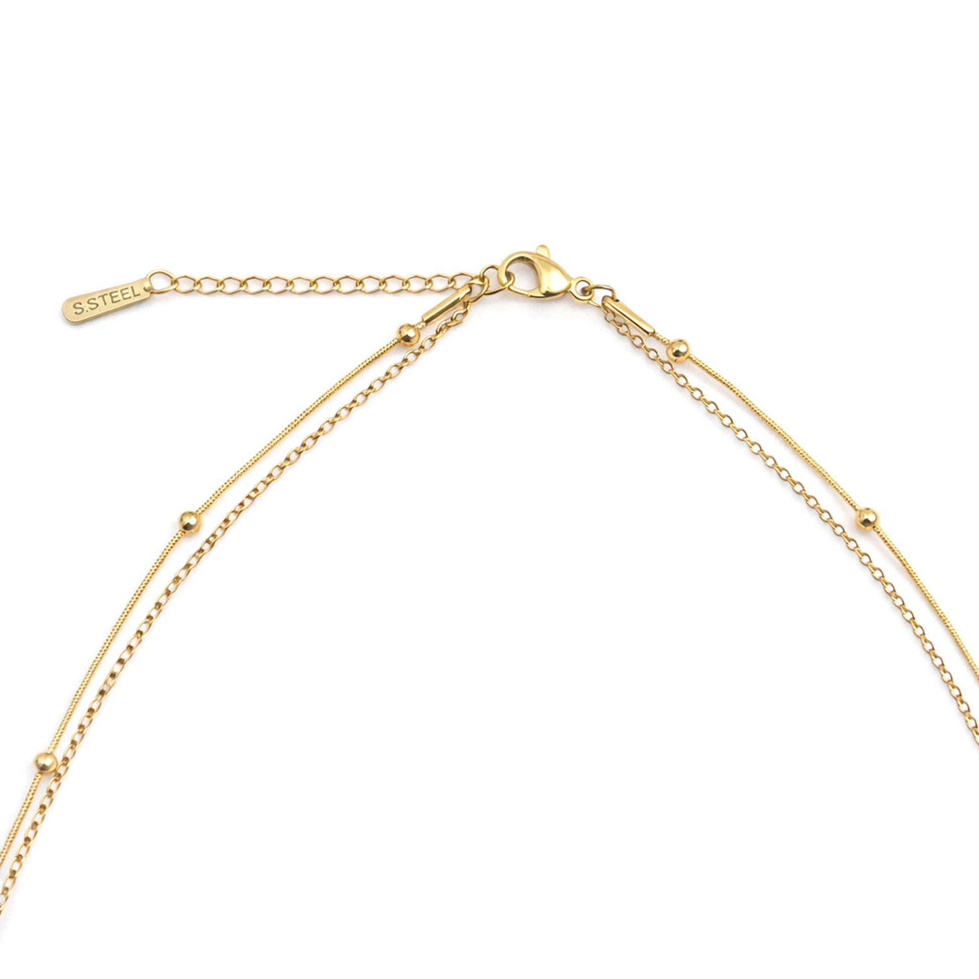 YUBIRAA gold double layer bead necklace with cube charm on white background clasp and extender