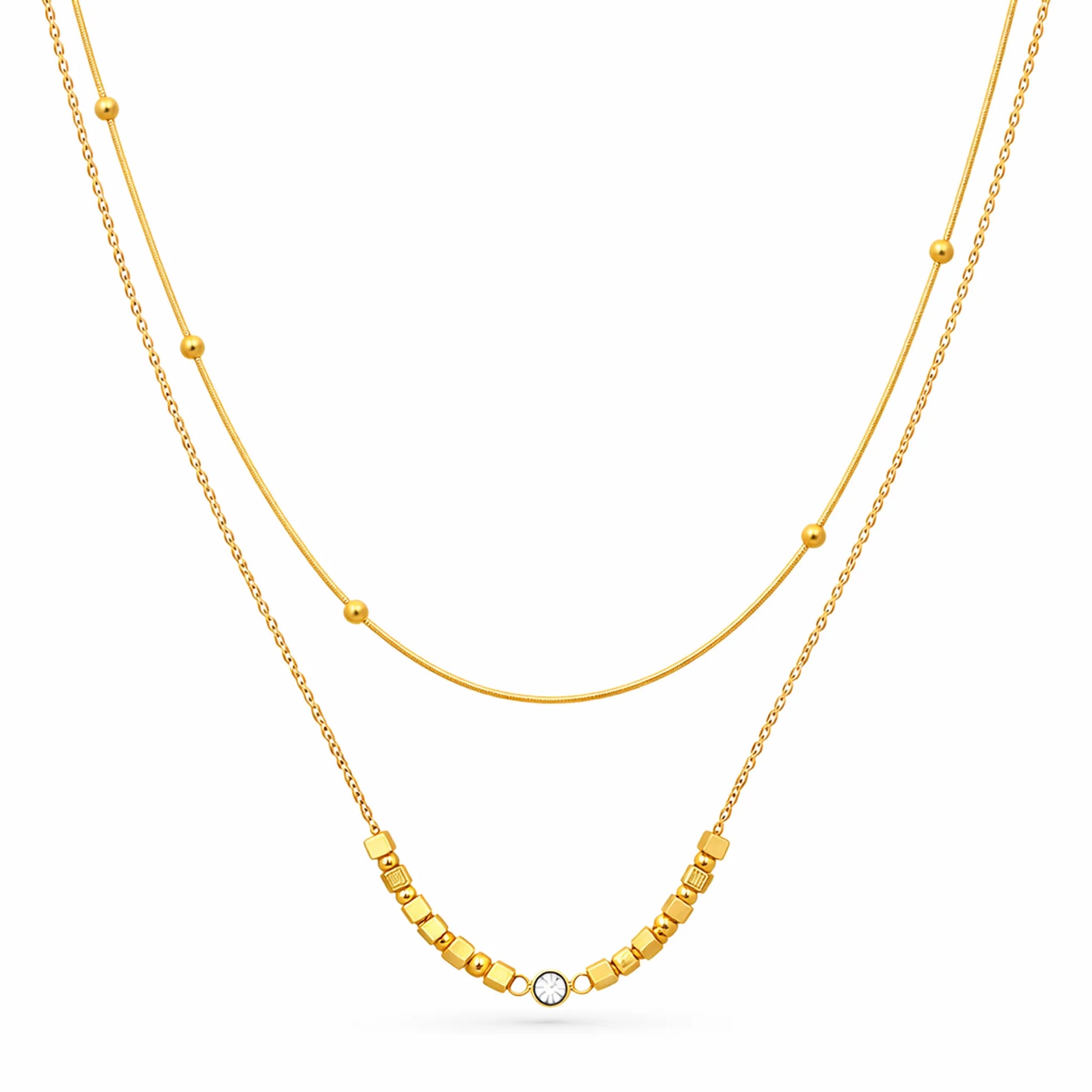 YUBIRAA LayerLuxe Bead Necklace gold double layer chain with bead and cube detailing for women