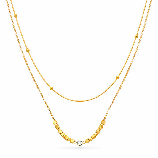 YUBIRAA LayerLuxe Bead Necklace gold double layer chain with bead and cube detailing for women