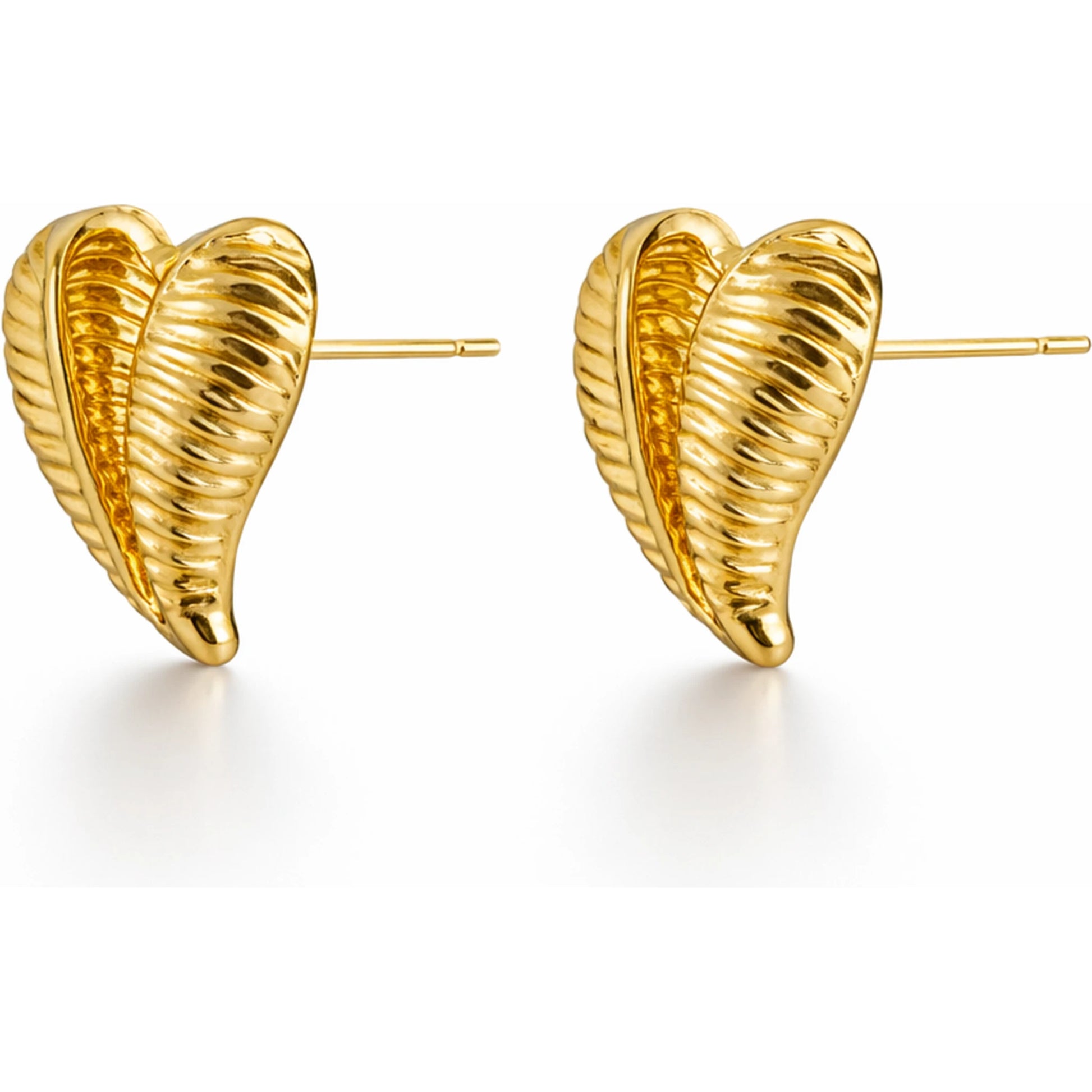 Gold heart-shaped earrings side view on a white background