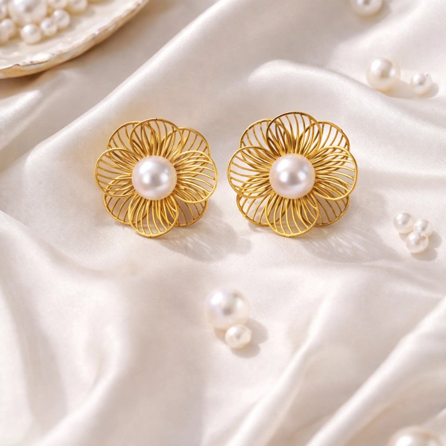 Gold floral earrings with pearls on a white fabric background
