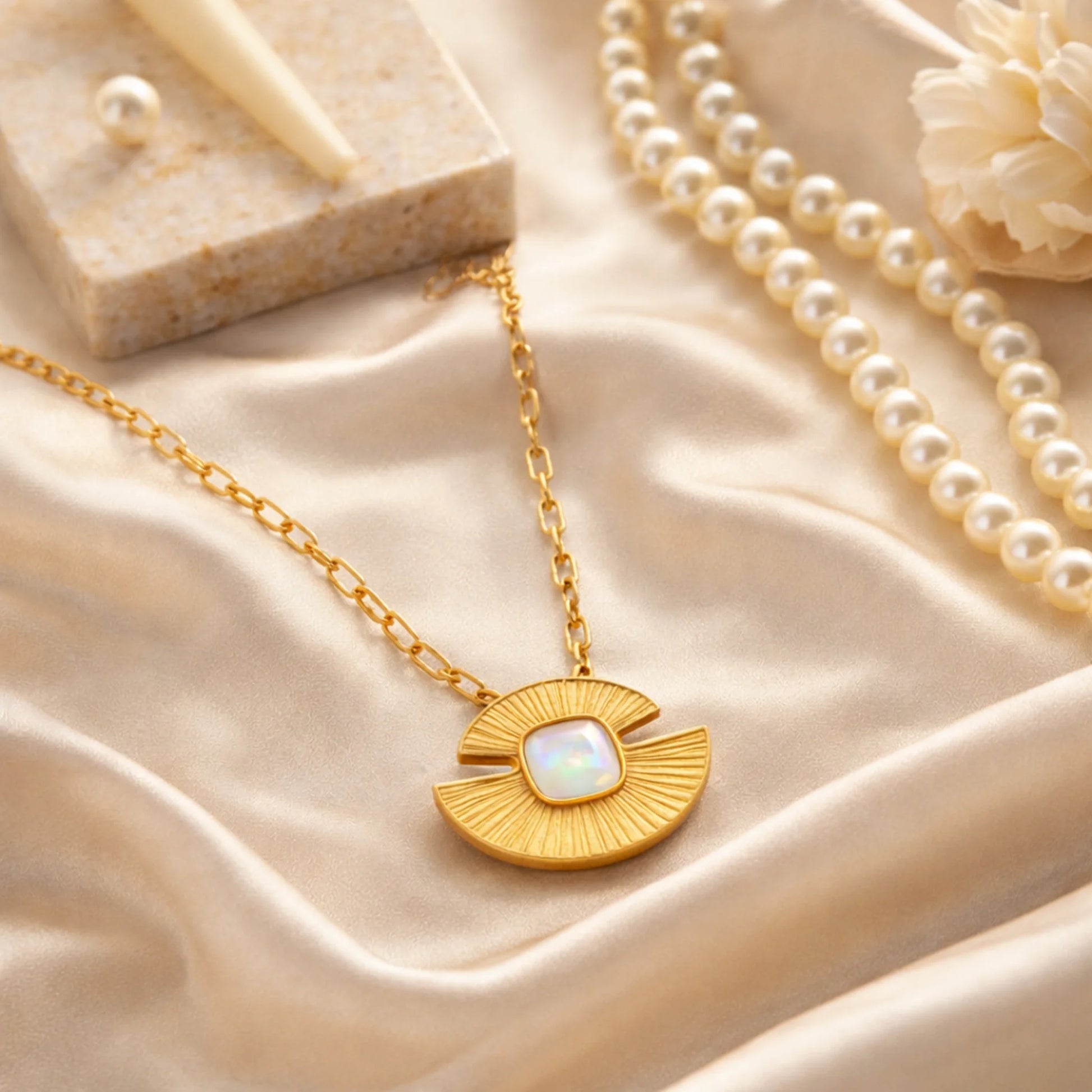 Side angle view of textured gold sunburst opal pendant showing raised detailing and polished finish