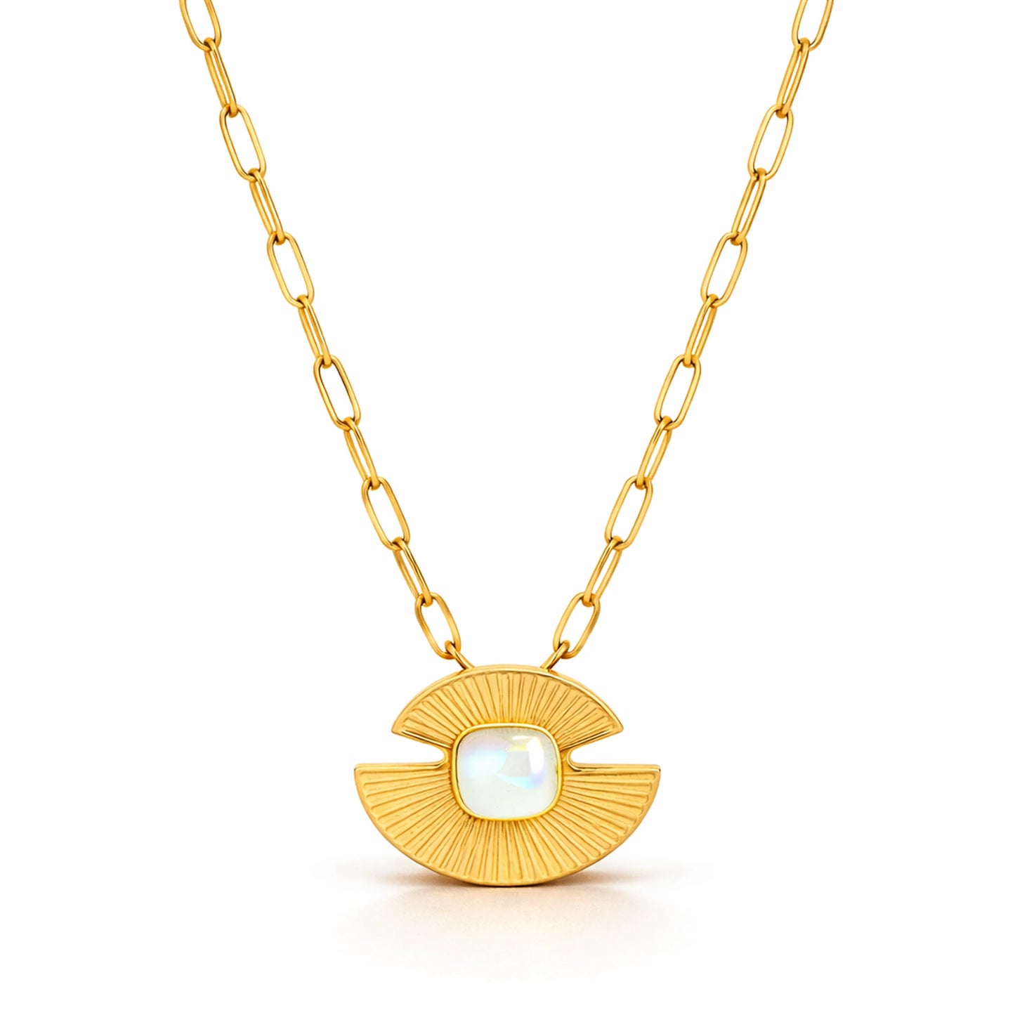 Gold sunburst opal necklace for women with textured round pendant and white opal center stone