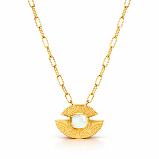 Gold sunburst opal necklace for women with textured round pendant and white opal center stone