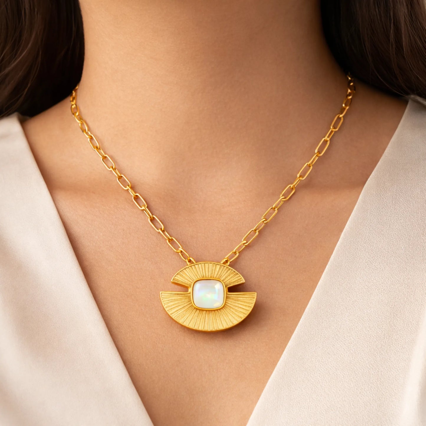Gold necklace with a pendant featuring a white stone on a person wearing a beige top.