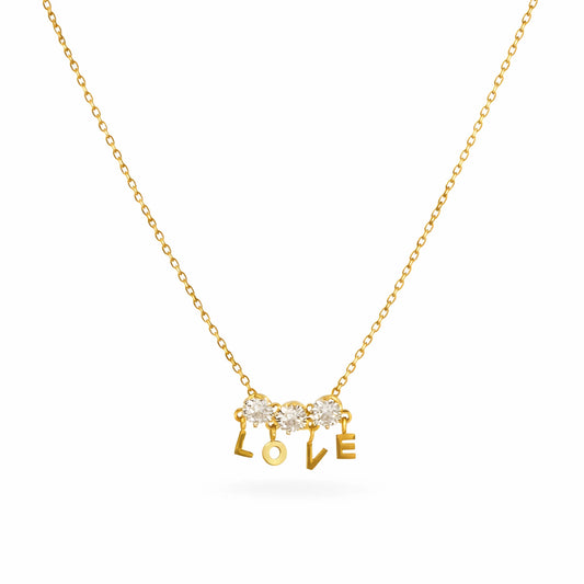 Gold plated LOVE diamond necklace for women with three round white stones on white background