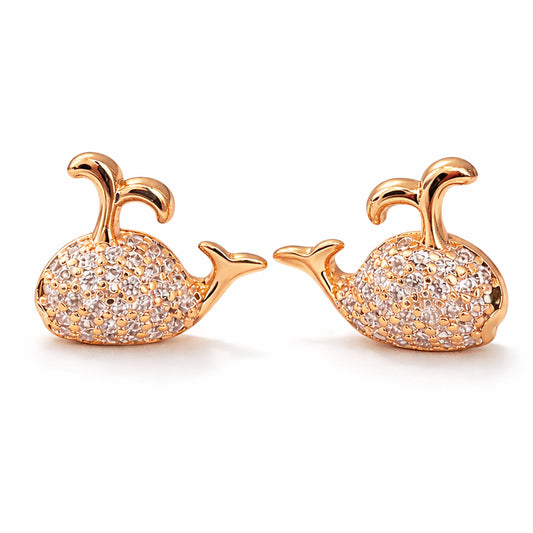 Anti-tarnish gold plated whale stud earrings with pavé cubic zirconia detailing on a white background
